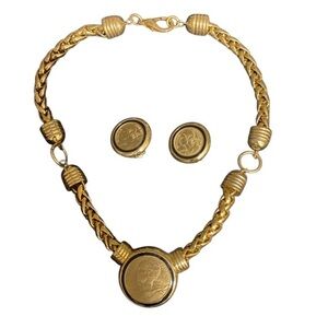 1980s Set Faux French Gold Coin Thick Chain Necklace & Matching Clip-On Earrings